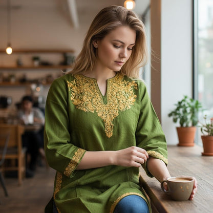 Kashmiri Woolen Pheran with Traditional Aari Embroidery - Parrot Green