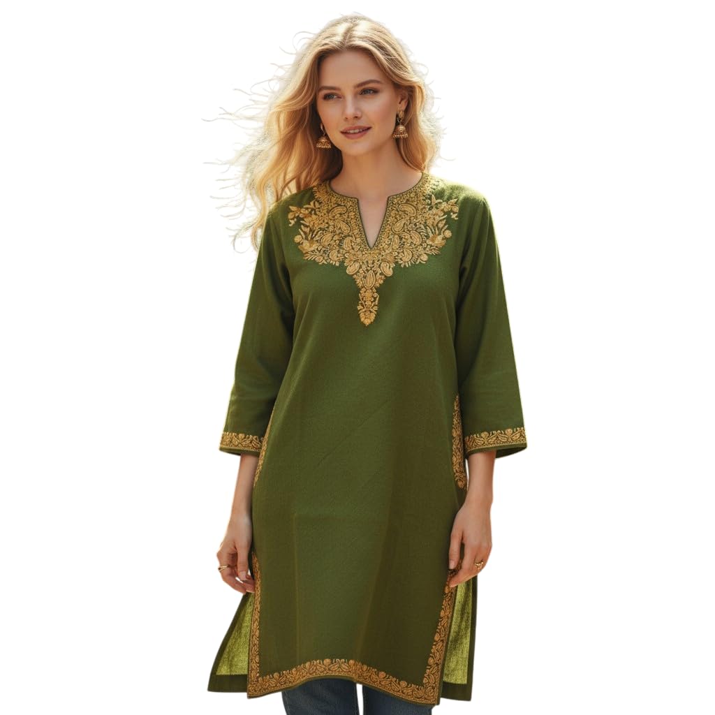 Kashmiri Woolen Pheran with Traditional Aari Embroidery - Parrot Green