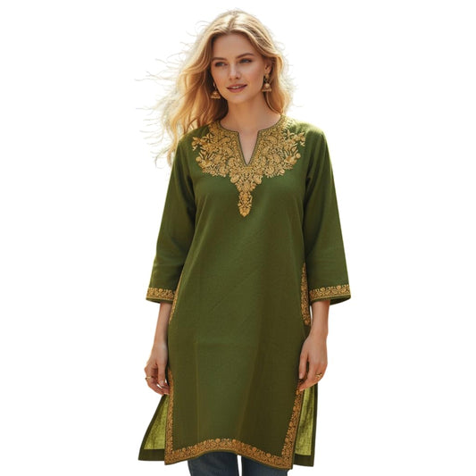 Kashmiri Woolen Pheran with Traditional Aari Embroidery - Parrot Green