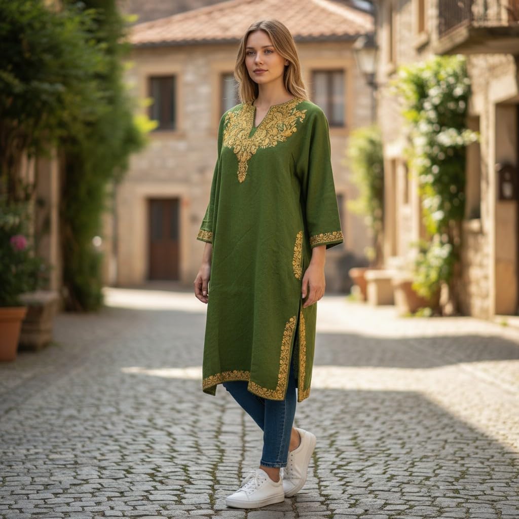 Kashmiri Woolen Pheran with Traditional Aari Embroidery - Parrot Green