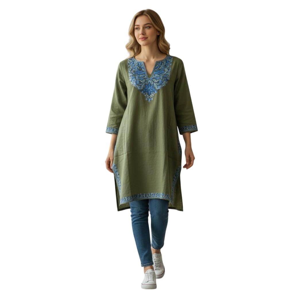 Kashmiri Woolen Pheran with Traditional Aari Embroidery - Sea Green