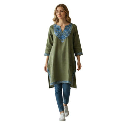 Kashmiri Woolen Pheran with Traditional Aari Embroidery - Sea Green
