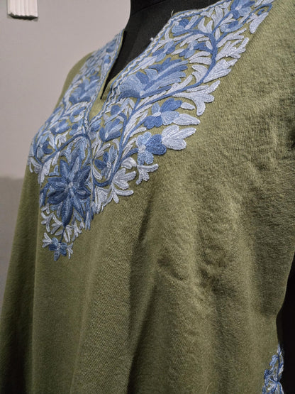 Kashmiri Woolen Pheran with Traditional Aari Embroidery - Sea Green