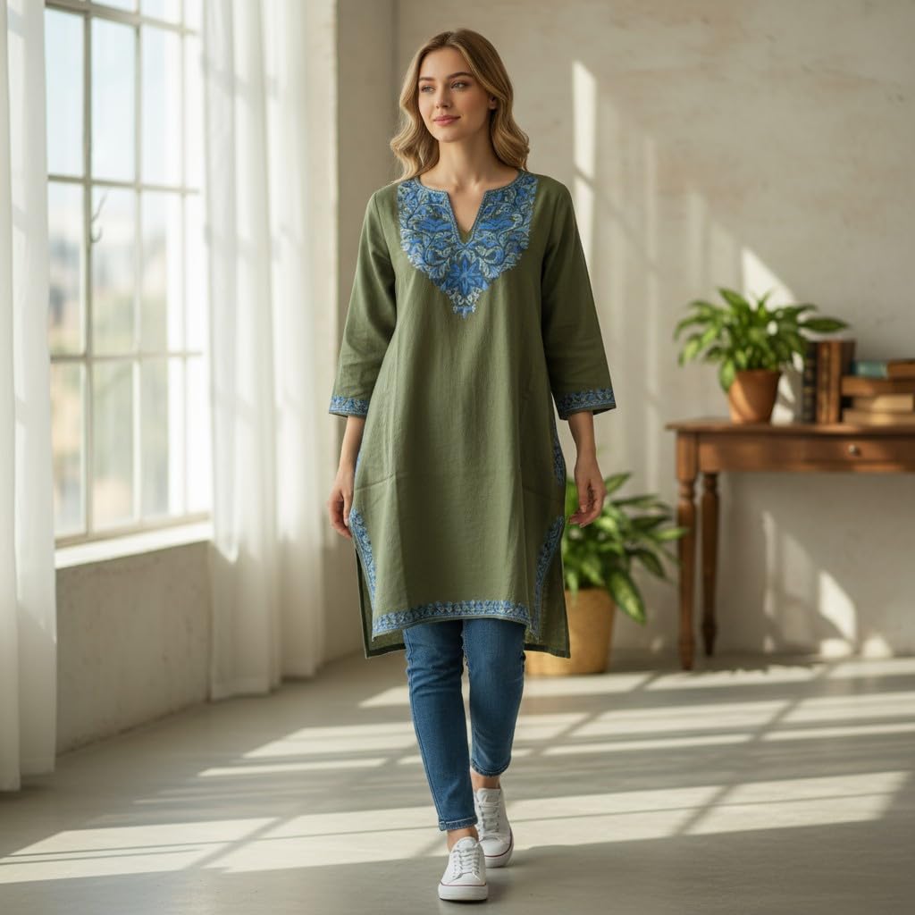 Kashmiri Woolen Pheran with Traditional Aari Embroidery - Sea Green