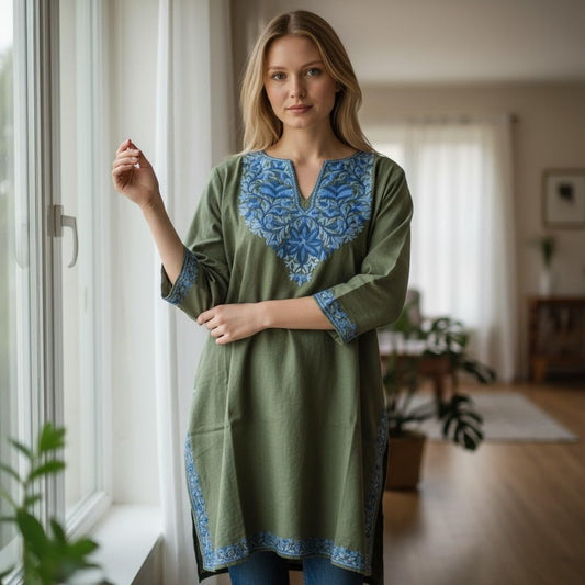 Kashmiri Woolen Pheran with Traditional Aari Embroidery - Sea Green