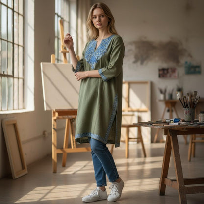 Kashmiri Woolen Pheran with Traditional Aari Embroidery - Sea Green