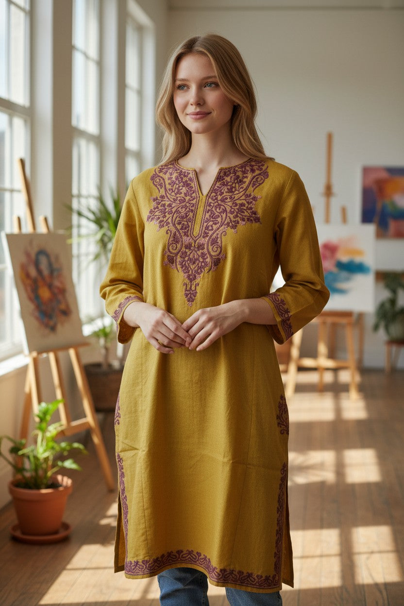 Kashmiri Woolen Pheran with Traditional Aari Embroidery - Mustard