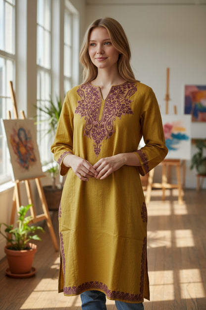 Kashmiri Woolen Pheran with Traditional Aari Embroidery - Mustard