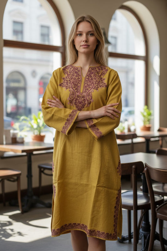 Kashmiri Woolen Pheran with Traditional Aari Embroidery - Mustard