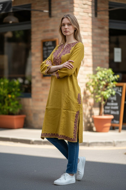 Kashmiri Woolen Pheran with Traditional Aari Embroidery - Mustard