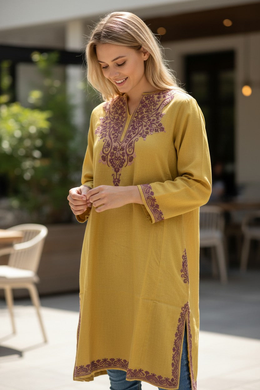 Kashmiri Woolen Pheran with Traditional Aari Embroidery - Mustard