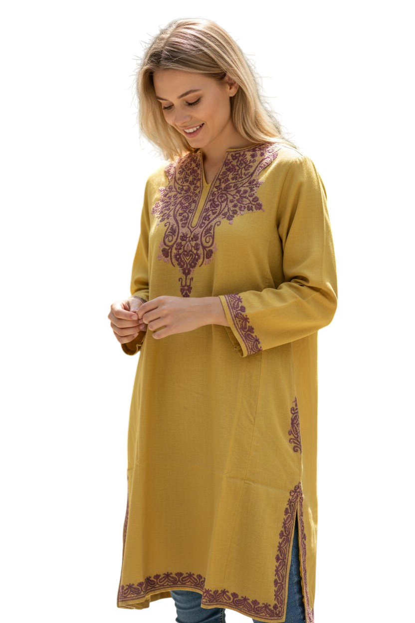 Kashmiri Woolen Pheran with Traditional Aari Embroidery - Mustard