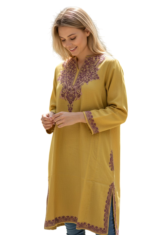Kashmiri Woolen Pheran with Traditional Aari Embroidery - Mustard