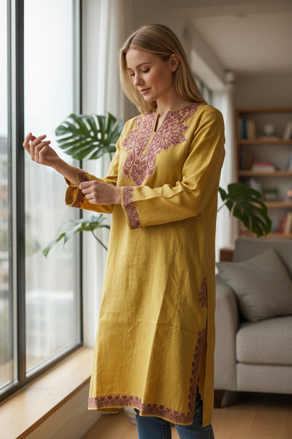 Kashmiri Woolen Pheran with Traditional Aari Embroidery - Mustard