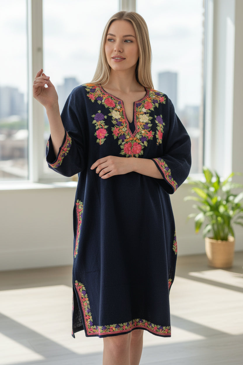 Kashmiri Woolen Pheran with Traditional Aari Embroidery - Blue