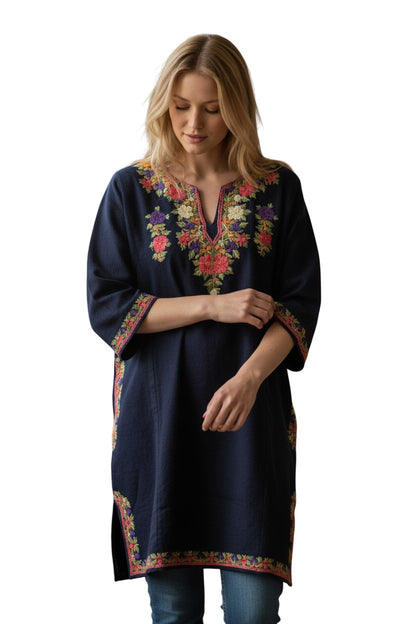 Kashmiri Woolen Pheran with Traditional Aari Embroidery - Blue