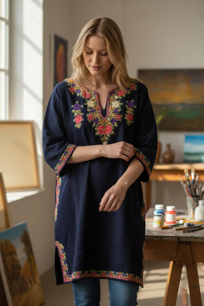 Kashmiri Woolen Pheran with Traditional Aari Embroidery - Blue