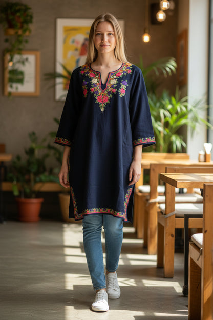 Kashmiri Woolen Pheran with Traditional Aari Embroidery - Blue