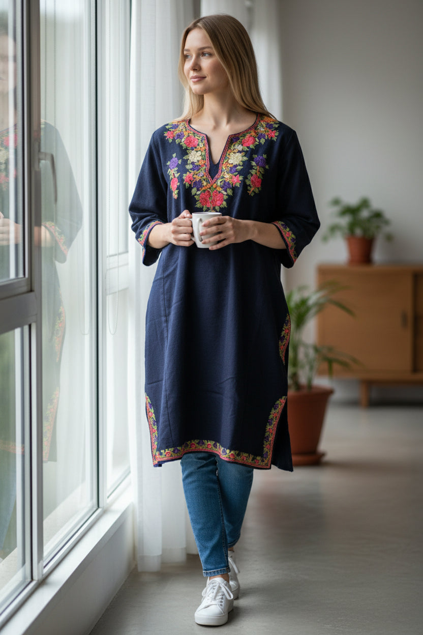 Kashmiri Woolen Pheran with Traditional Aari Embroidery - Blue