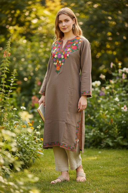 Kashmiri Woolen Pheran with Traditional Aari Embroidery - Grey