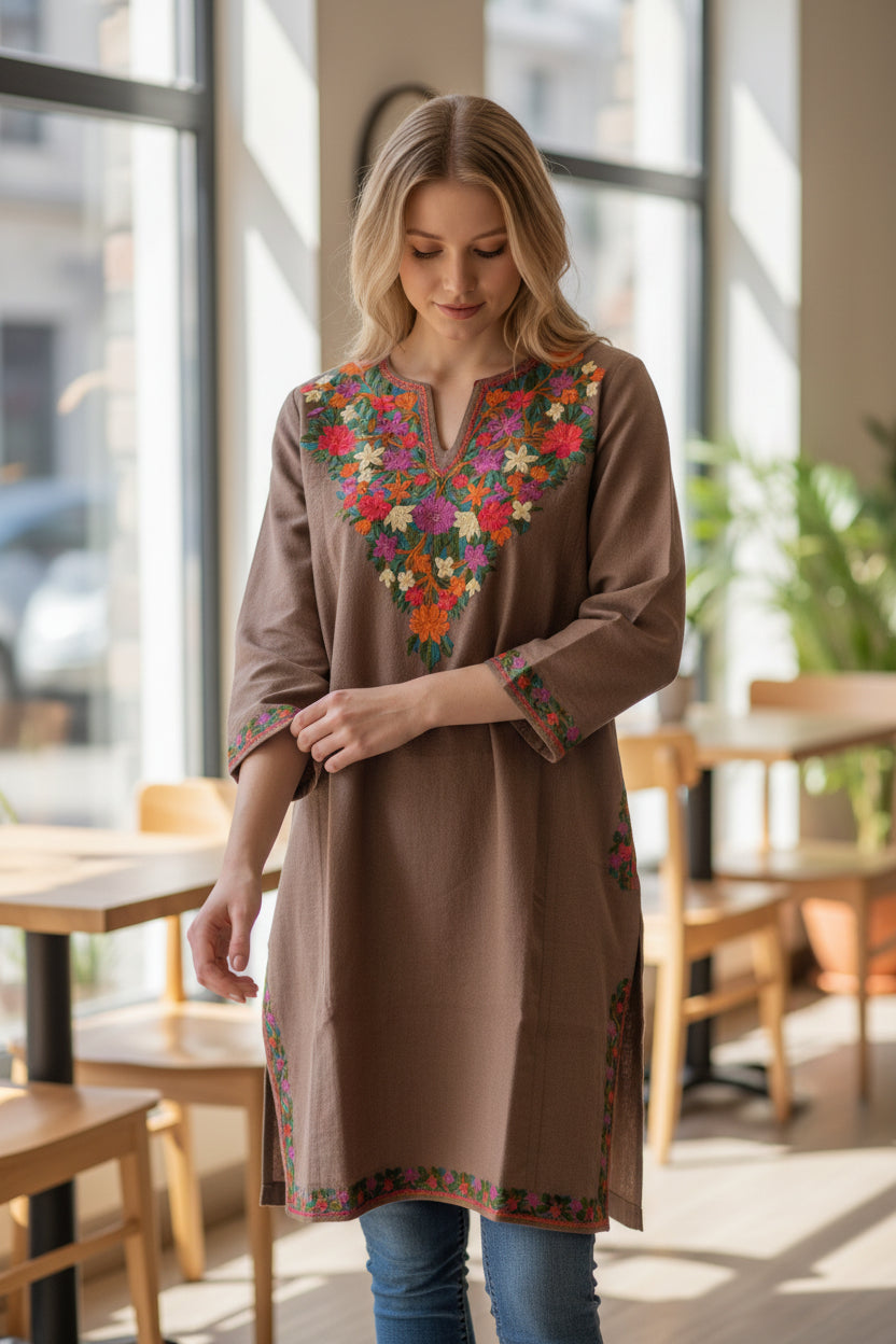 Kashmiri Woolen Pheran with Traditional Aari Embroidery - Grey