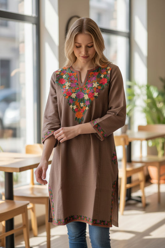 Kashmiri Woolen Pheran with Traditional Aari Embroidery - Grey