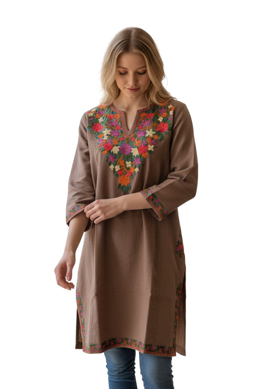 Kashmiri Woolen Pheran with Traditional Aari Embroidery - Grey