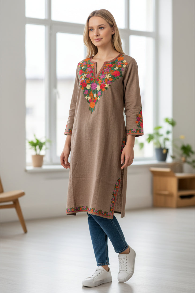 Kashmiri Woolen Pheran with Traditional Aari Embroidery - Grey