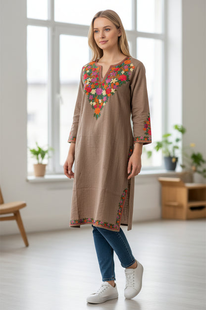 Kashmiri Woolen Pheran with Traditional Aari Embroidery - Grey