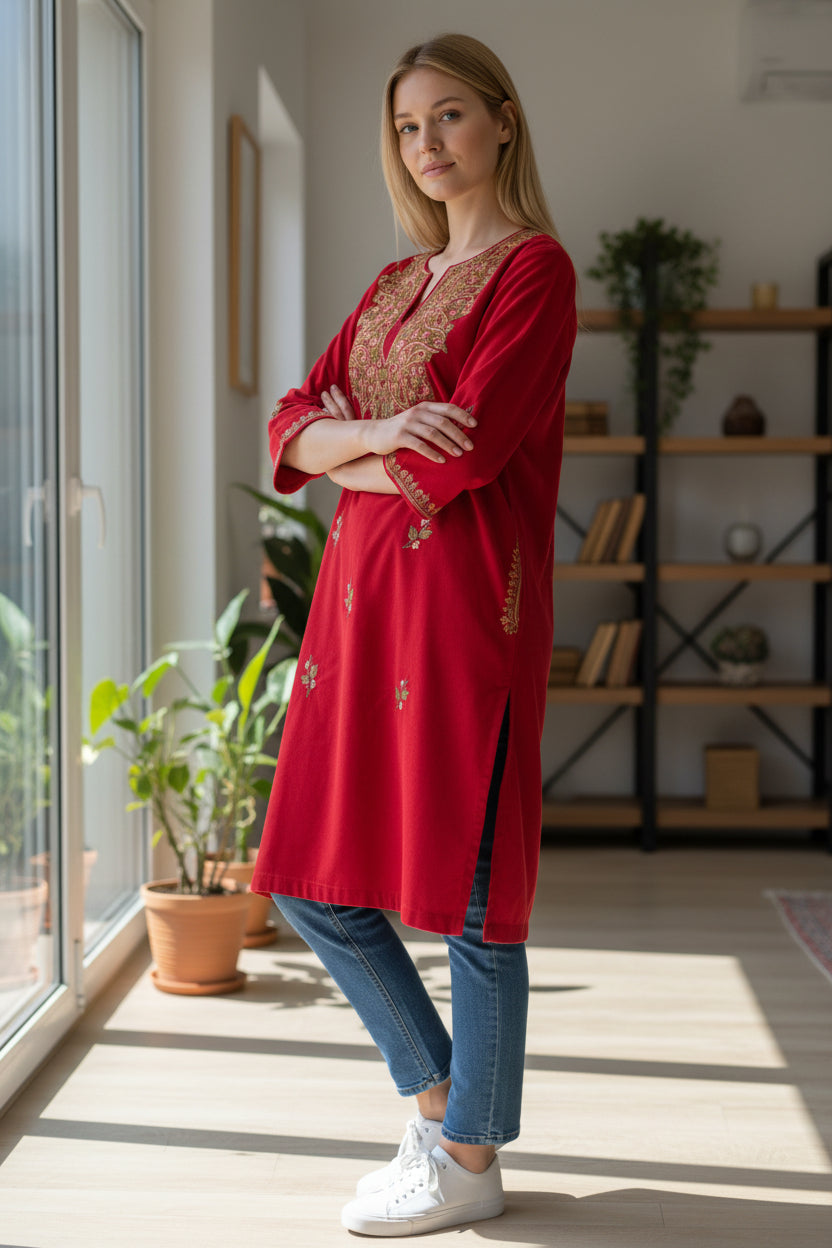 Kashmiri Woolen Pheran with Traditional Aari Embroidery - Red