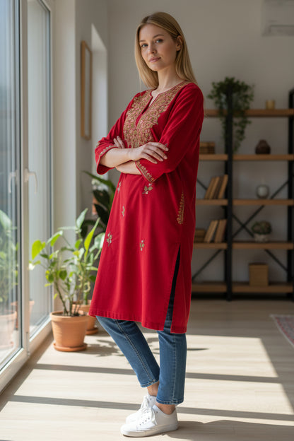 Kashmiri Woolen Pheran with Traditional Aari Embroidery - Red