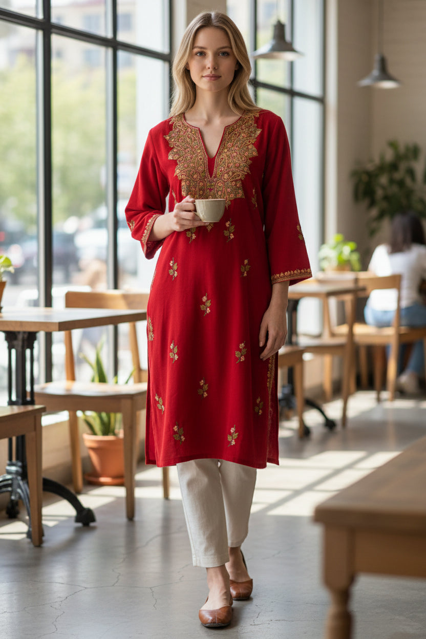 Kashmiri Woolen Pheran with Traditional Aari Embroidery - Red