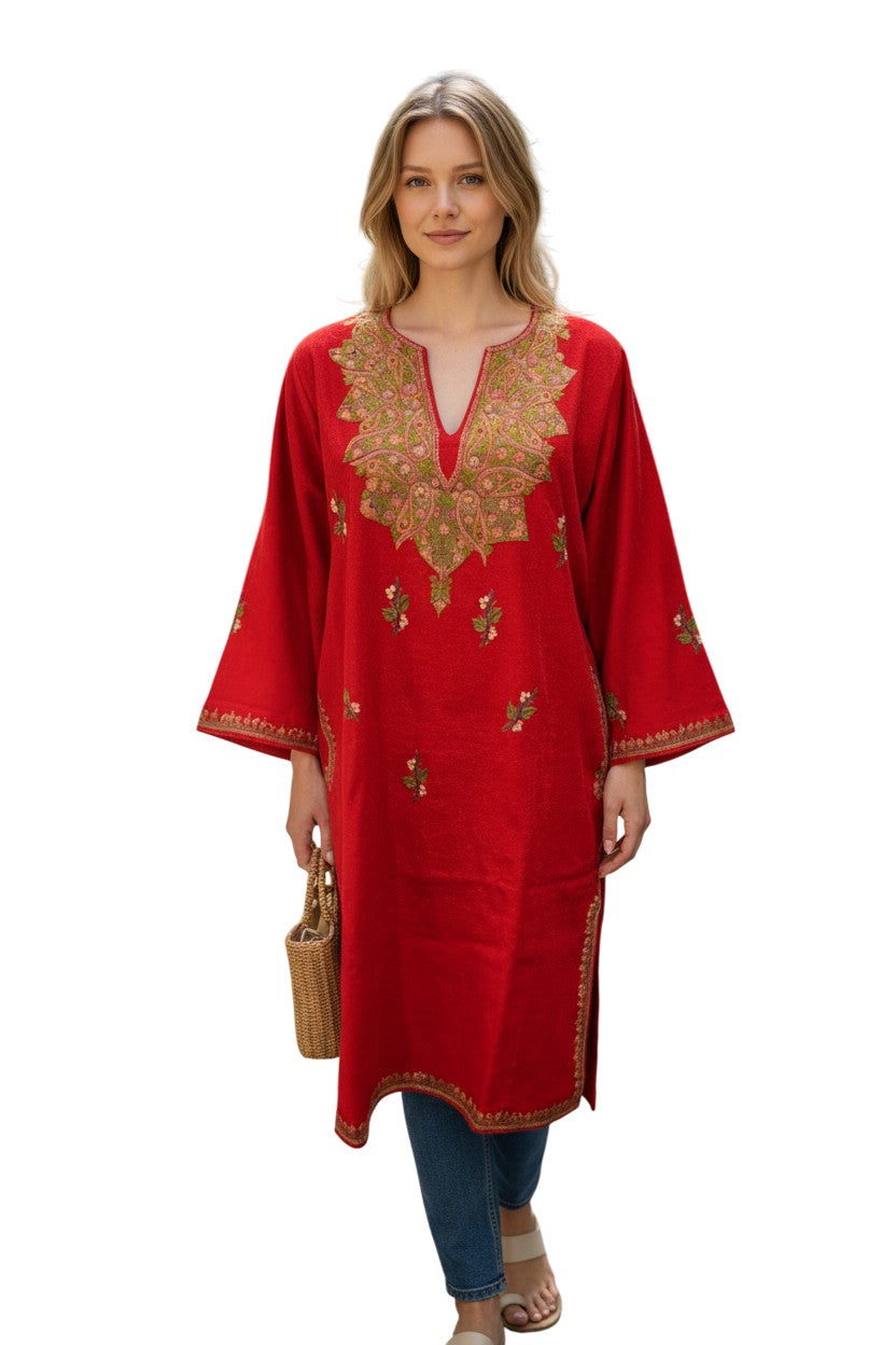 Kashmiri Woolen Pheran with Traditional Aari Embroidery - Red