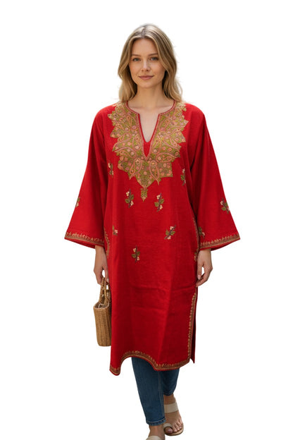 Kashmiri Woolen Pheran with Traditional Aari Embroidery - Red