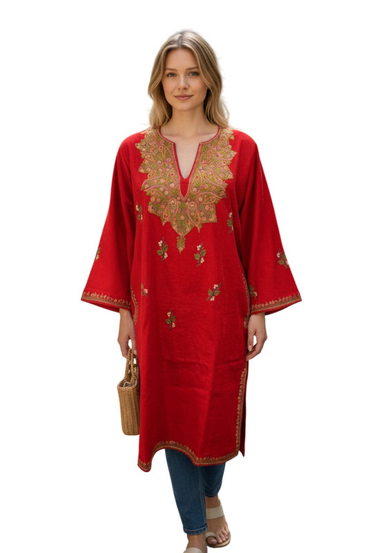 Kashmiri Woolen Pheran with Traditional Aari Embroidery - Red