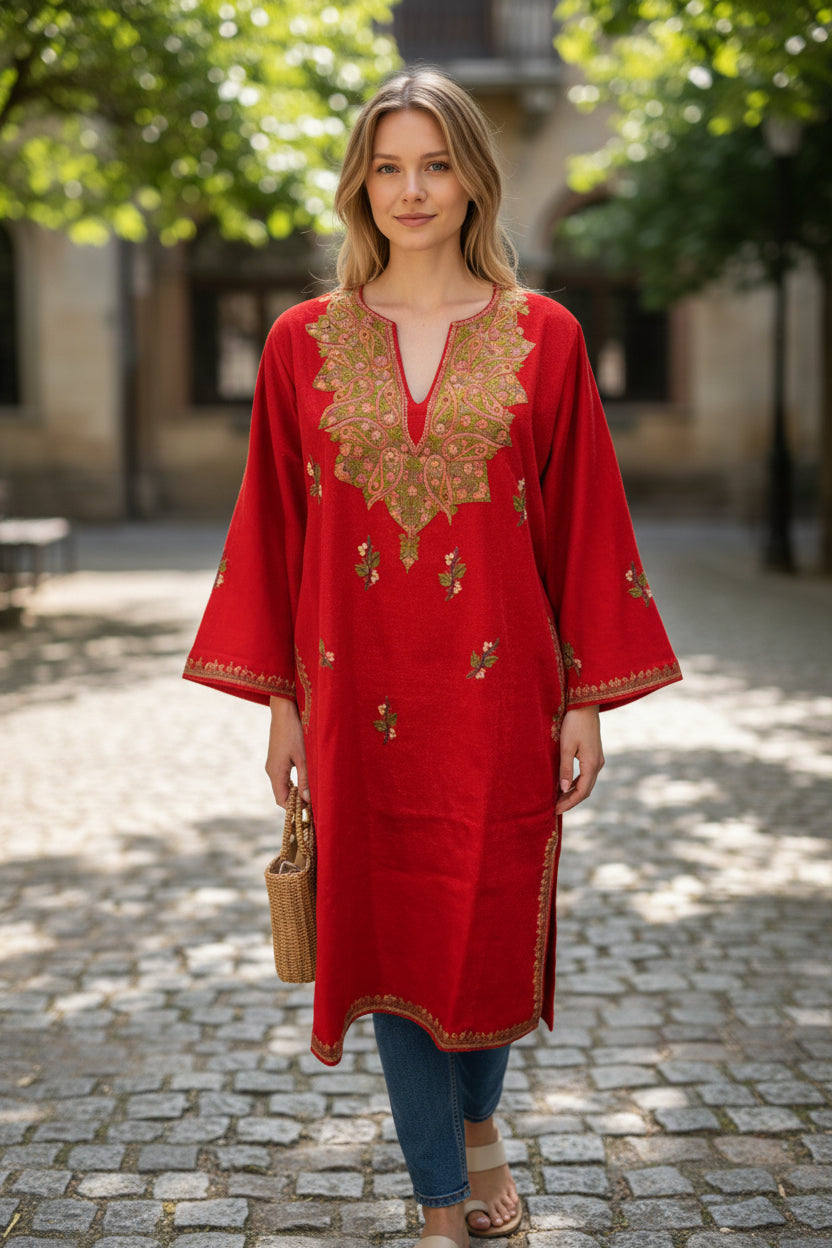 Kashmiri Woolen Pheran with Traditional Aari Embroidery - Red