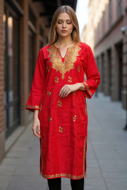Kashmiri Woolen Pheran with Traditional Aari Embroidery - Red