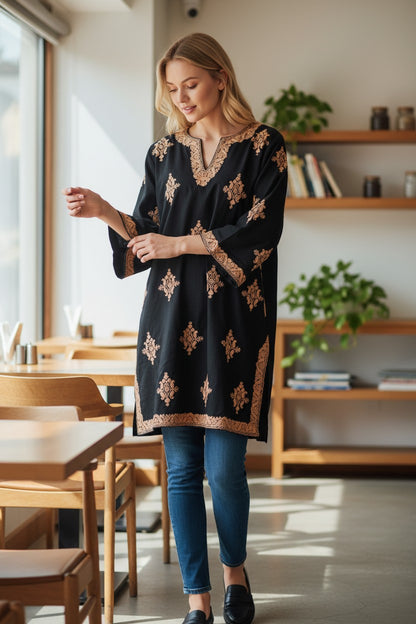 Kashmiri Woolen Pheran with Traditional Aari Embroidery - Black