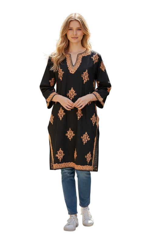 Kashmiri Woolen Pheran with Traditional Aari Embroidery - Black