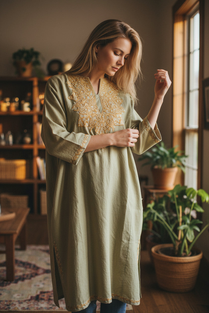 Kashmiri Woolen Pheran with Traditional Aari Embroidery - Light Green