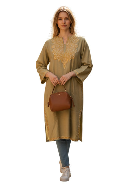 Kashmiri Woolen Pheran with Traditional Aari Embroidery - Light Green