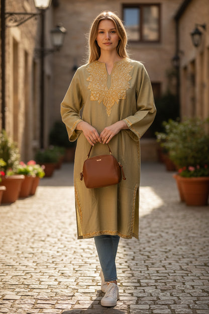 Kashmiri Woolen Pheran with Traditional Aari Embroidery - Light Green