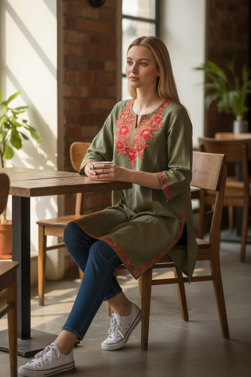 Kashmiri Woolen Pheran with Traditional Aari Embroidery - Light Green
