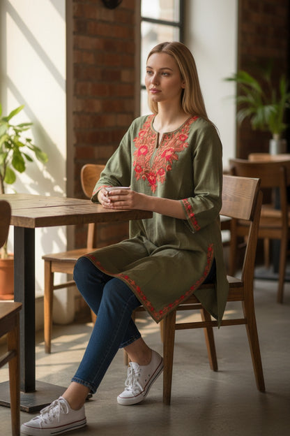 Kashmiri Woolen Pheran with Traditional Aari Embroidery - Light Green