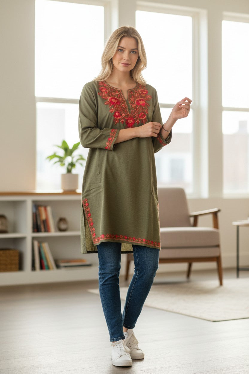 Kashmiri Woolen Pheran with Traditional Aari Embroidery - Light Green