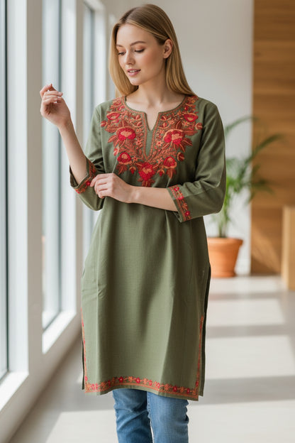 Kashmiri Woolen Pheran with Traditional Aari Embroidery - Light Green