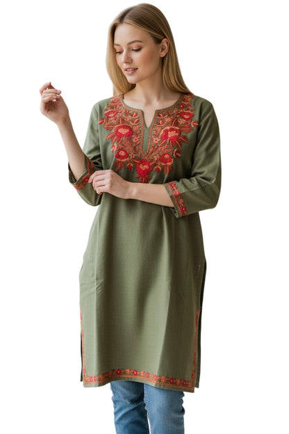 Kashmiri Woolen Pheran with Traditional Aari Embroidery - Light Green