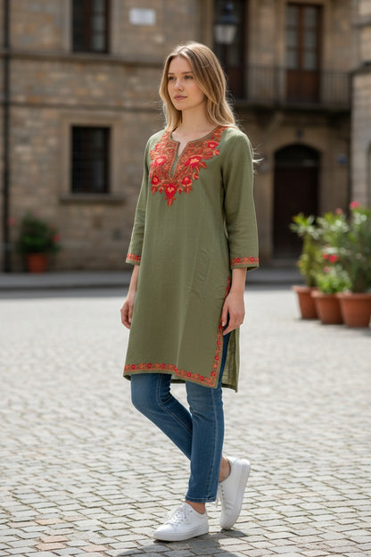 Kashmiri Woolen Pheran with Traditional Aari Embroidery - Light Green