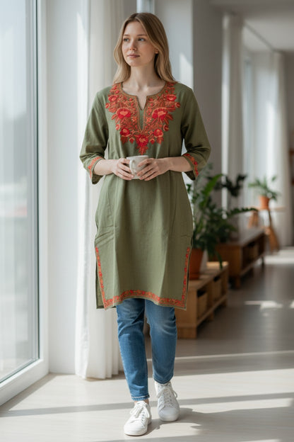 Kashmiri Woolen Pheran with Traditional Aari Embroidery - Light Green