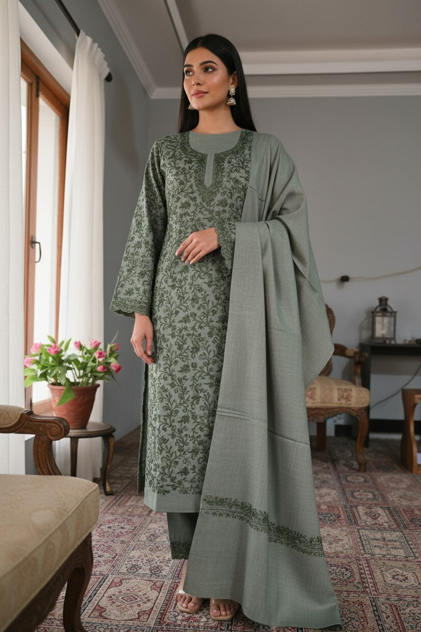 Women Woolen Kashmiri Suits Semi Pashmina Aari Embroidery  - Green 2